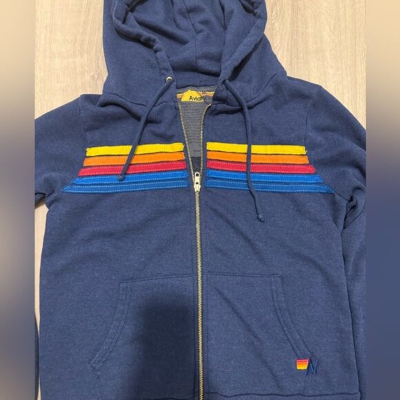 Aviator Nation Hoodie Full Zip Size M Navy Rainbow 5 Stripes Pristine Condition - Picture 3 of 5
